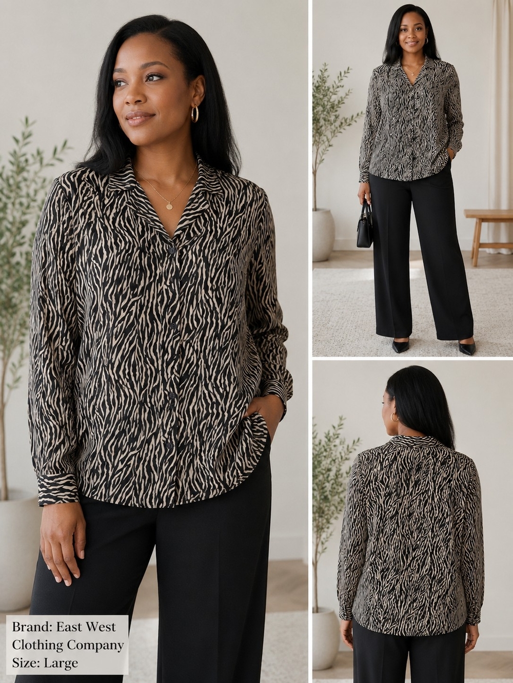 East West Zebra Print Blouse Women's Large Sheer Button Front Long Sleeve Top